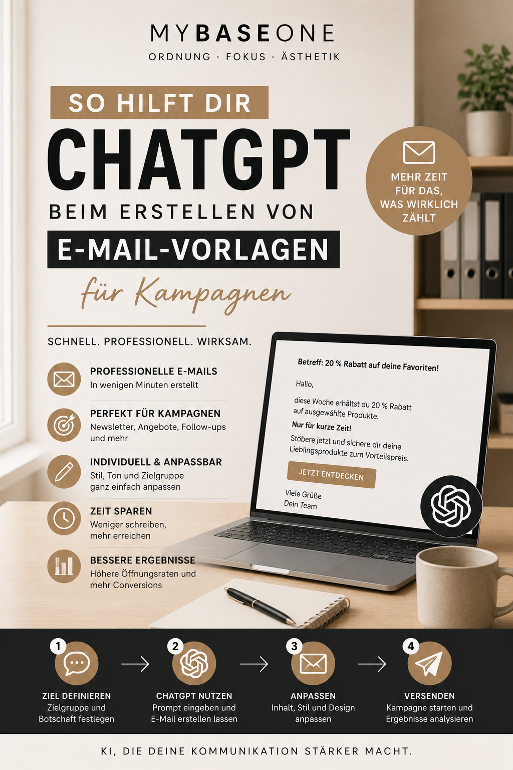 Laptop auf aufgeräumtem Homeoffice-Schreibtisch mit E-Mail-Interface