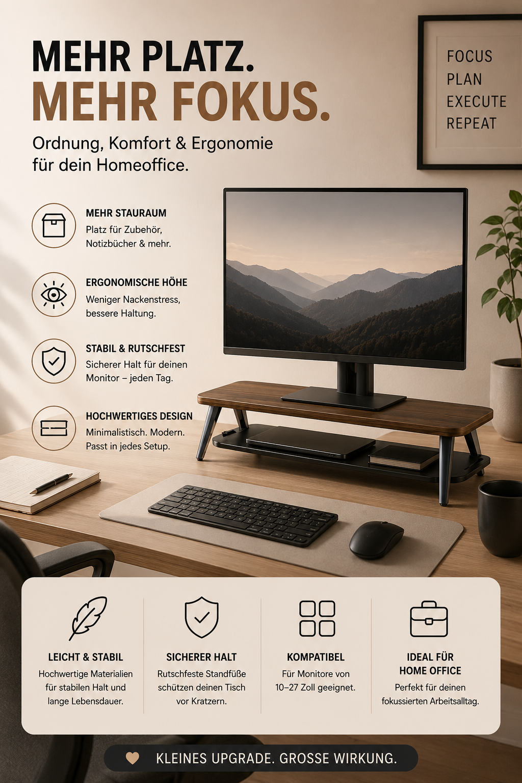 Fenge Monitorständer auf aufgeräumtem Schreibtisch im Homeoffice