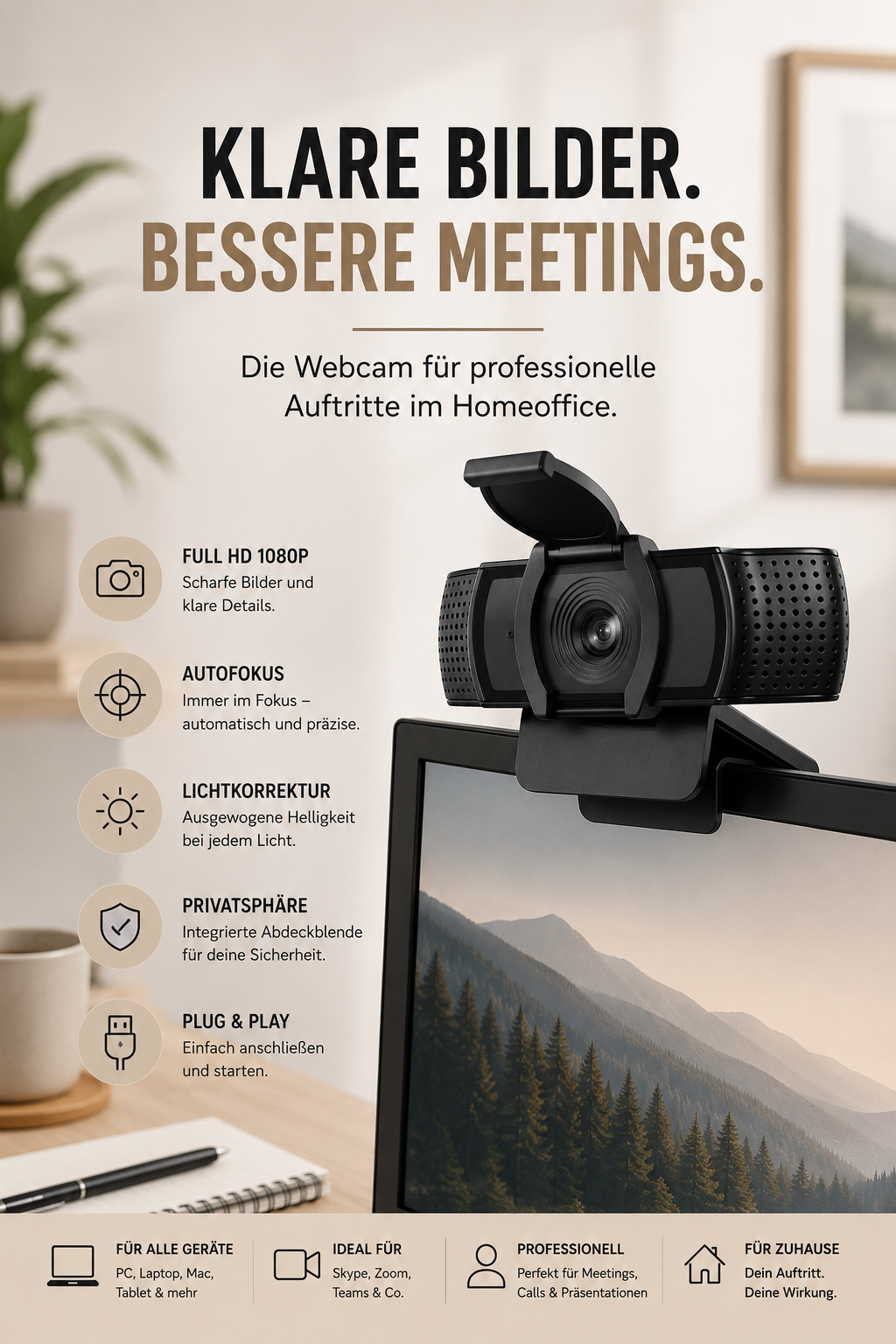 Logitech Webcam mit Abdeckblende auf einem Monitor