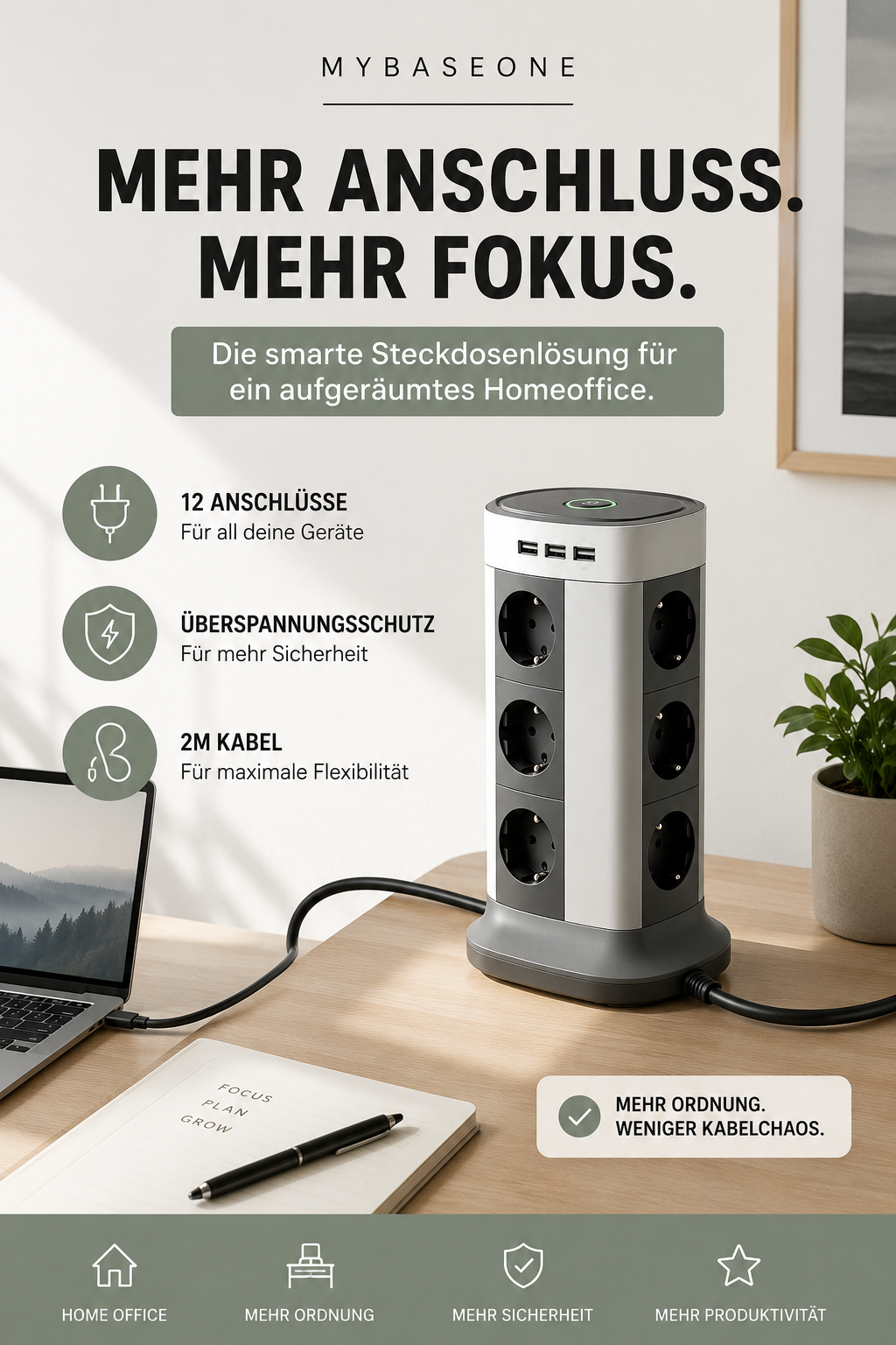 Aufgeräumter Schreibtisch mit Steckdosenturm und Kabelmanagement